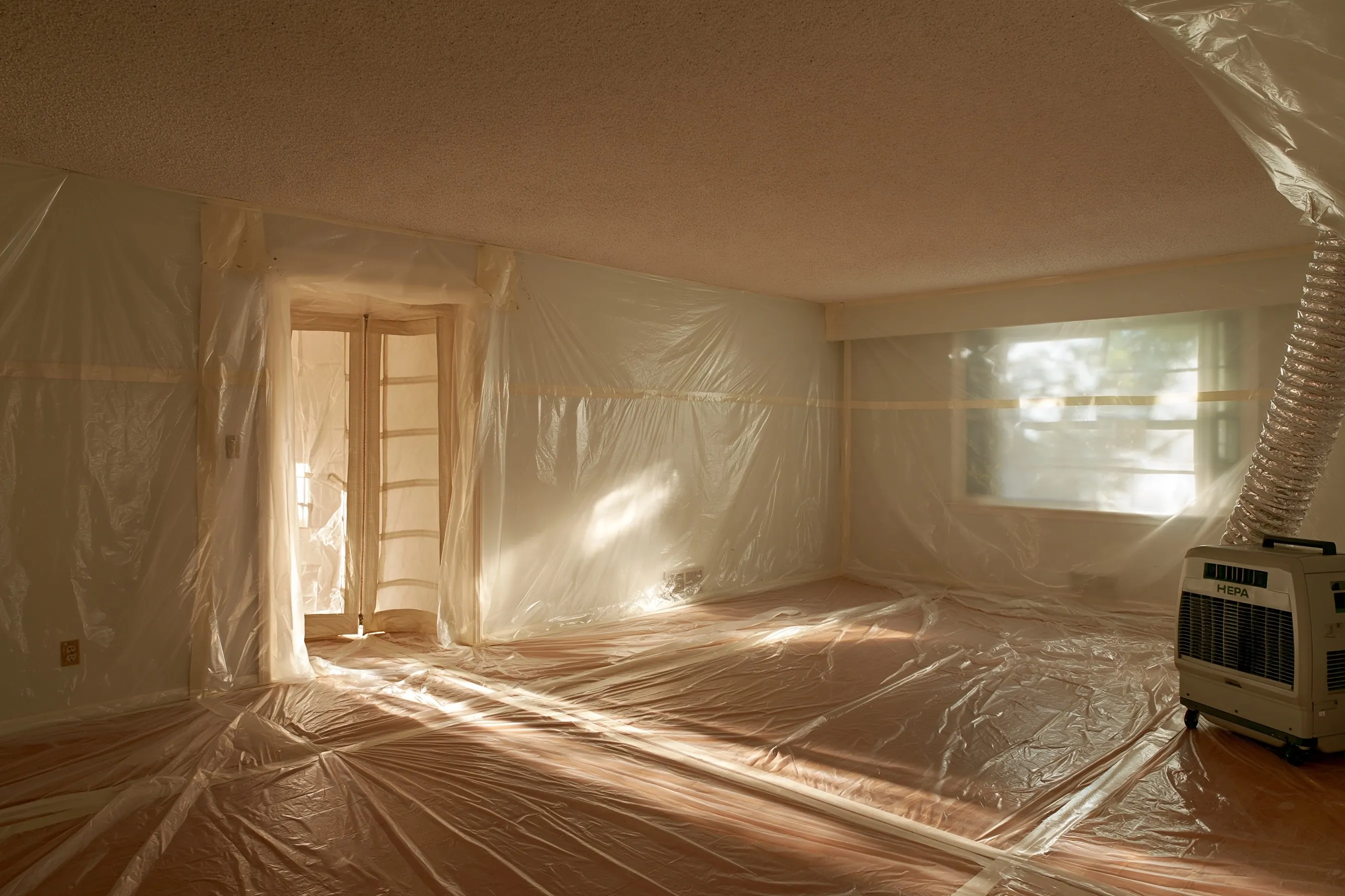 A room sealed off with plastic sheeting, a HEPA air unit by the window and a stippled popcorn ceiling overhead